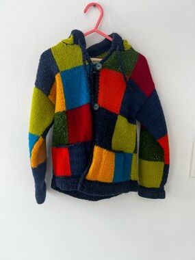 Funky Kids Sweater Multicolor Patchwork Hooded   Knit Cardigan unisex